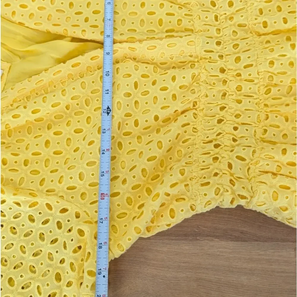 Anthropologie The Somerset Eyelet Mini Dress Womens L Yellow V-neck Short Sleeve